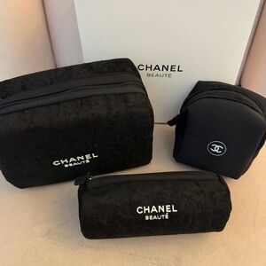 Chanel Beauté Black Terry Cloth Trio Bag Set